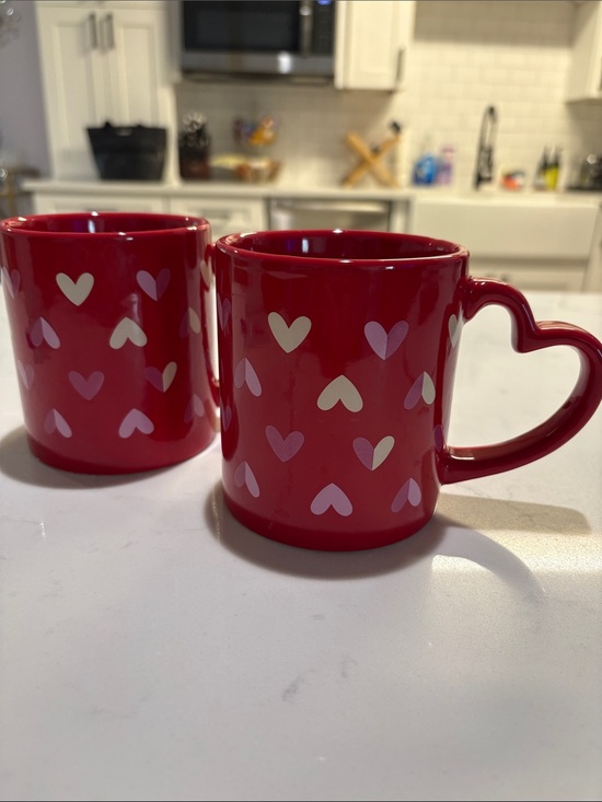 Other - Heart-Handle Red Ceramic Mug with Pink Heart Pattern